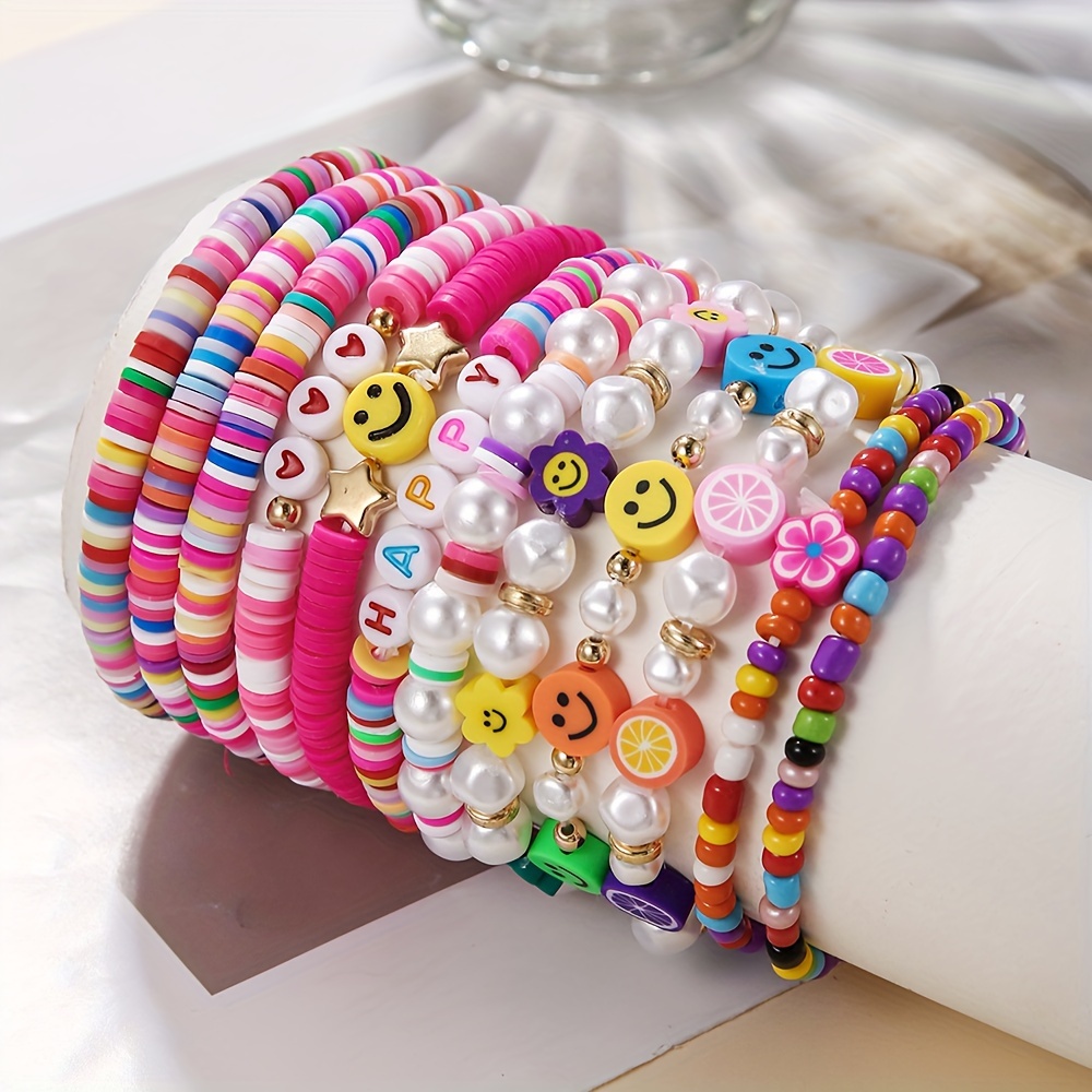 

12-pack Cute Polymer Clay Beaded Bracelets Set, Stackable Fashion Heart & Star Charms, Jewelry For Daily & Gift , Wear