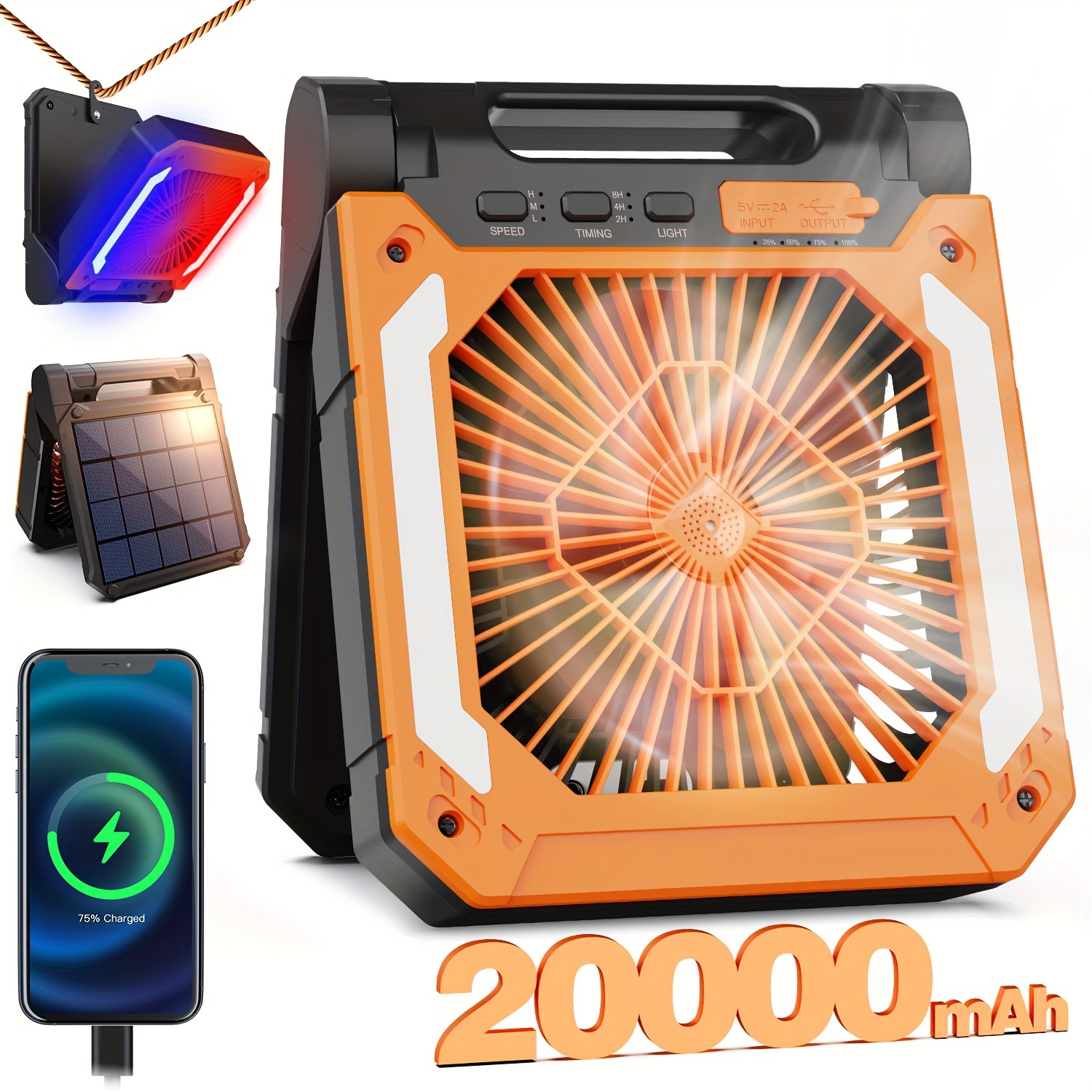 3 Cordless Battery Powered Portable Fan With Powerbank, 10000Mah Rechargeable Solar Camping Fan With Led Lantern, Quiet Desk Fan For Tent Hurricane - Appliances