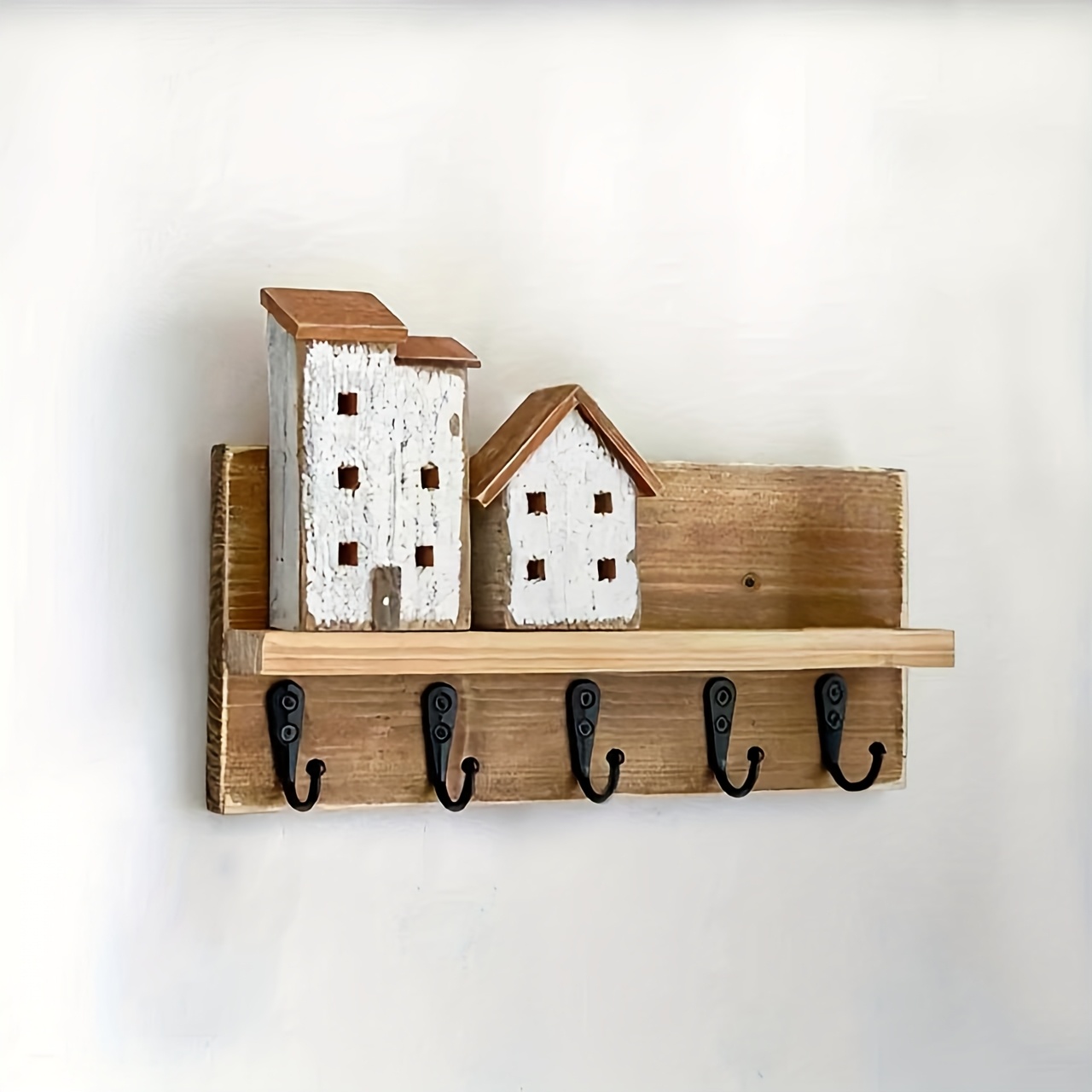 E-shop 1 Stück 3D Rustikaler Wandhalter für Schlüssel mit 5 Haken, Wandmontierter Schlüsselhalter, Holz-Eingangsorganizer mit Haken, Geeignet für