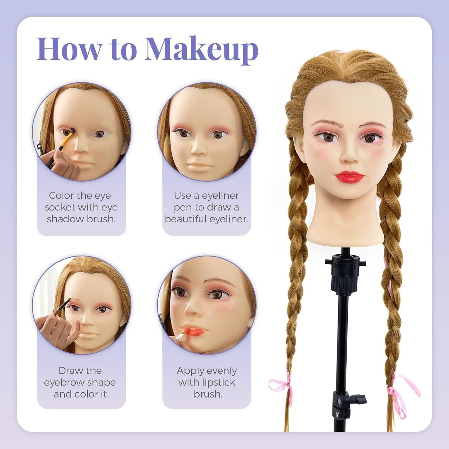 24 inch hairdressing mannequin head made of synthetic fibers complete with a clamp and a braiding kit suitable for halloween props and for adults of any gender Product details 5