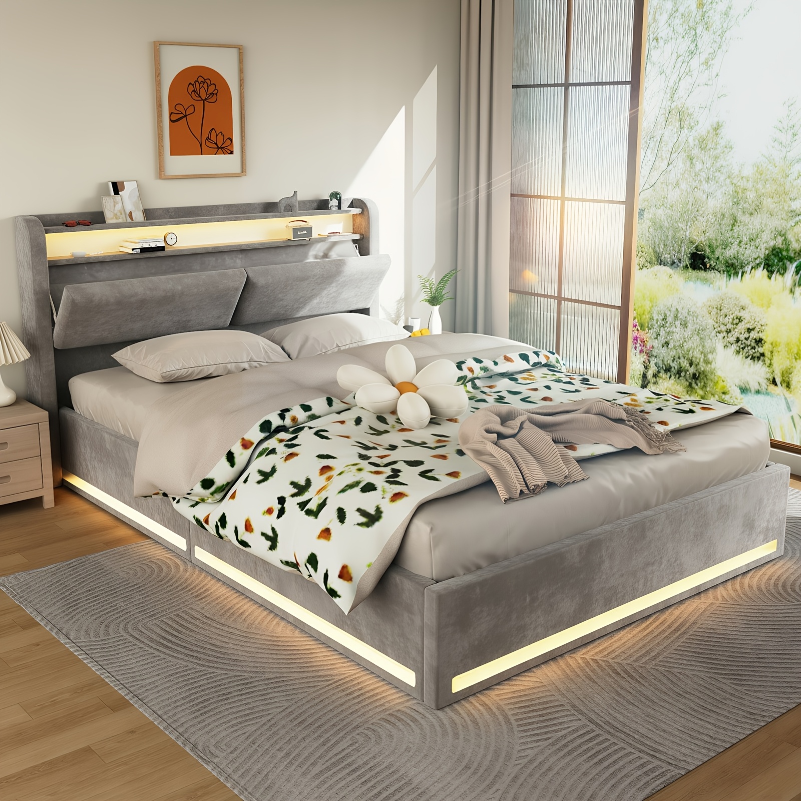 140x200cm Bed Frame With Hydraulic Storage, Led Lights Upholstered Ottoman Bed With Storage Headboard, Lift Up Storage Beds, Wood Slats, White-140x200cm-no Mattress Velvet, Grey