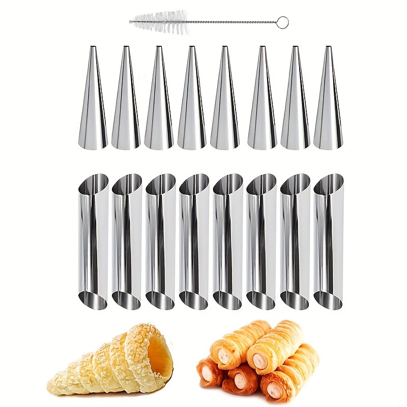 Image of Cream Roll Mold, Stainless Steel Shaped Tube Cream Roll Mold Screw Croissant Mold Conical Tubular Mold For Tube Croissant Baking Mold With Cleaning Brush