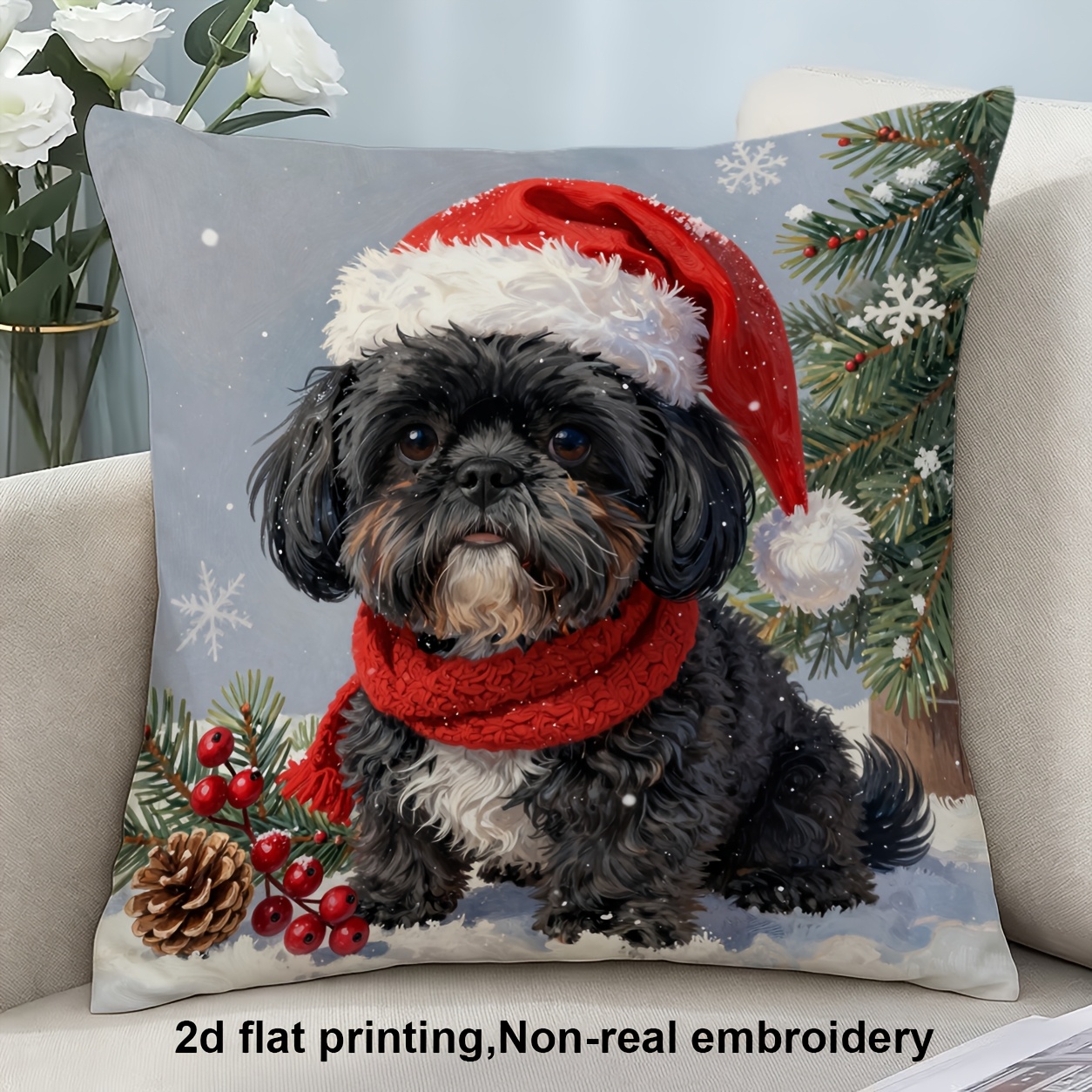 TEMU 2d Flat - 1 Set, 2d Flat Printing, Christmas Theme Pillowcase, Shih Tzu Wearing Santa Hat And Scarf Pillowcase, Polyester Material, Machine