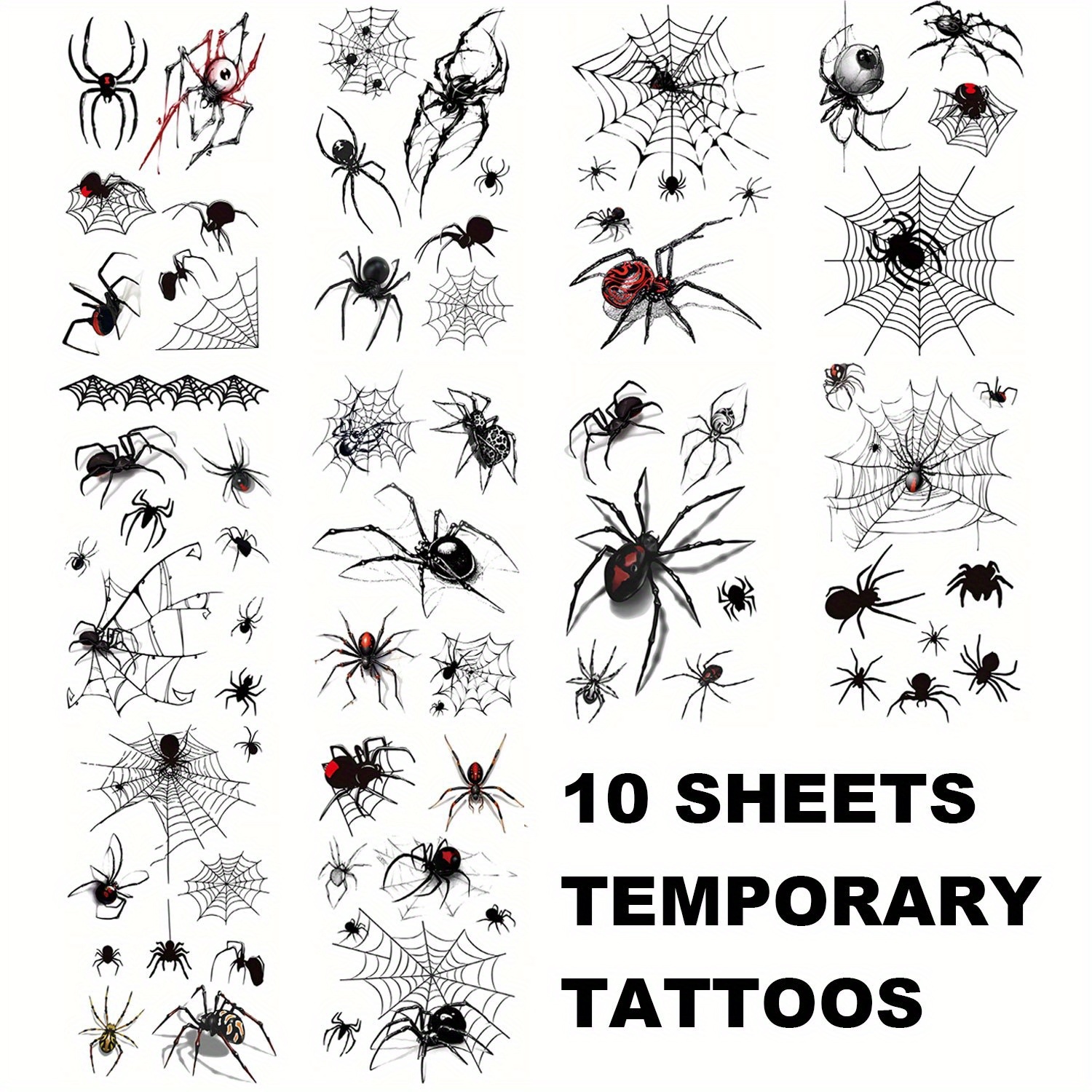 Ftvltat 10 Sheets 3d Temporary Tattoos For Halloween, Realistic & Web Design For Parties, Face Body Makeup Tattoo Stickers, Perfect For Festivals Parties, Prank Supplies, Party Accessory