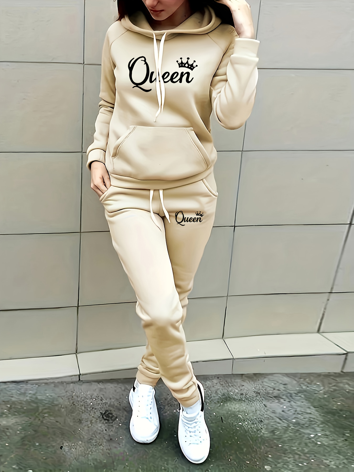 womens two piece set red hoodie queen print matching joggers