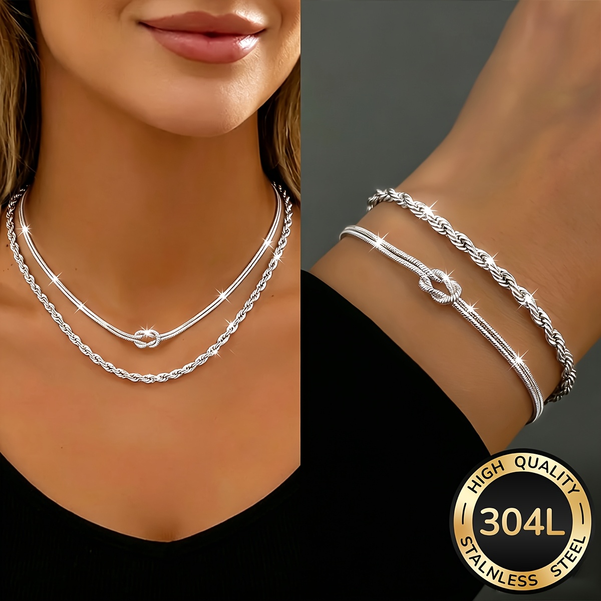 TEMU 4pcs Women's 18k Gold Plated 304l Stainless Steel Necklace & Bracelet Set, Waterproof And Fade-resistant Women's Jewelry, Stylish And Elegant