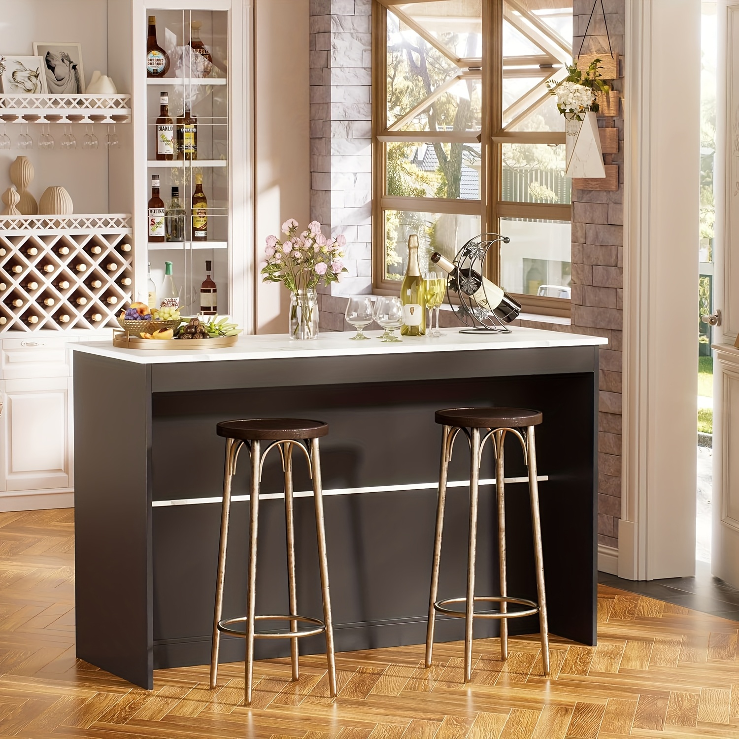 43-Inch Kitchen Island with LED Lighting & Faux Marble Top