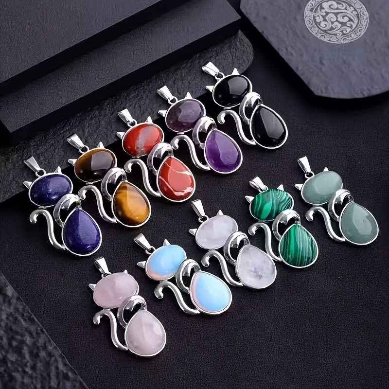 10pcs Natural Stone Cat-Shaped Pendant Ornaments Set