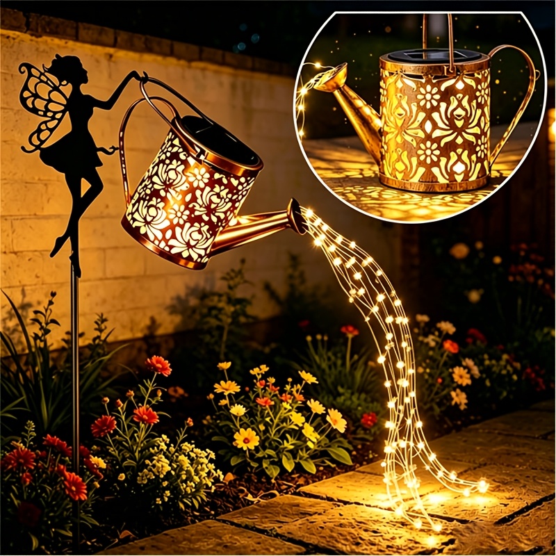 1pc solar outdoor fairy waterfall lights solar watering can light ip65 led   light string vintage metal solar watering can outdoor lights solar outdoor garden decorative landscape lights suitable for lawns backyards patios