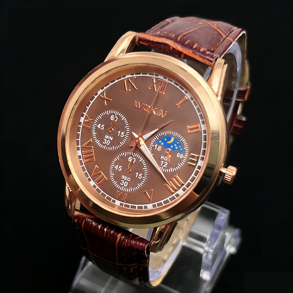 TEMU Stylish Business Men's Quartz Watch, Synthetic Leather Strap