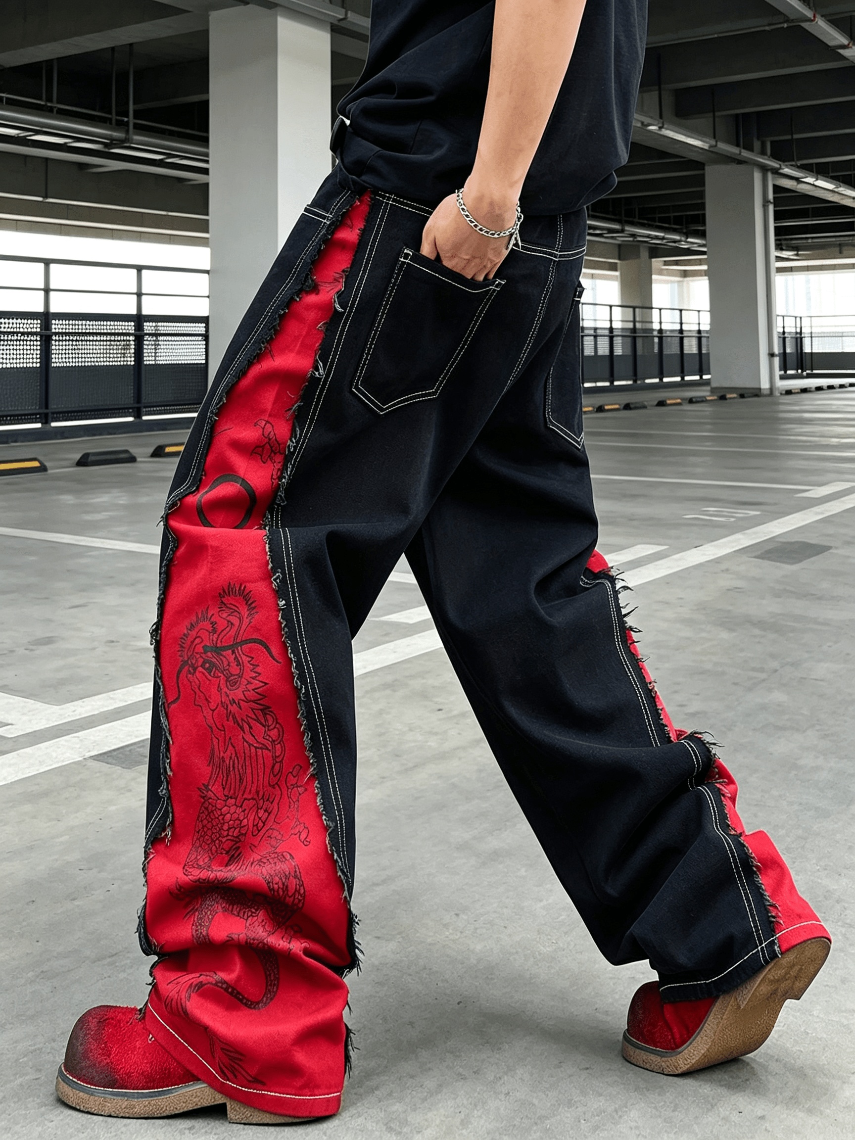 a pair trendy hip hop street art print frayed black red - Temu