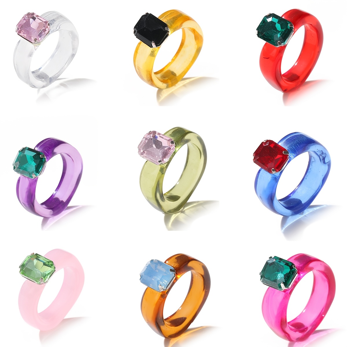 TEMU Ensemble de 9 bagues colorées en résine, bagues d'été polyvalentes mignonnes et fraîches