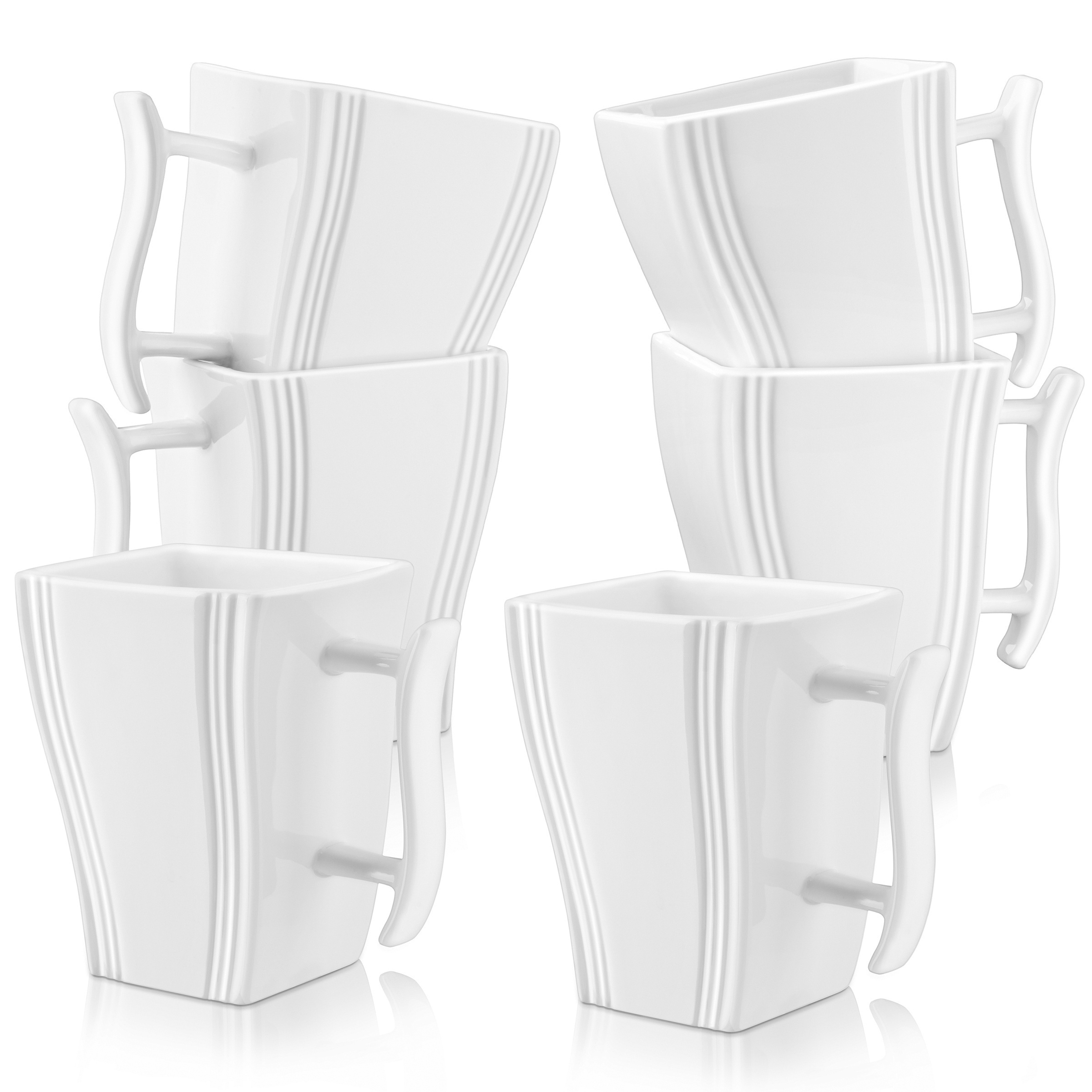 E-shop 6 Weiße Porzellan Tassen, 330 ml Kaffeetassen Set, Quadratische Teetassen für Cappuccino Schokolade, Spülmaschinenfest