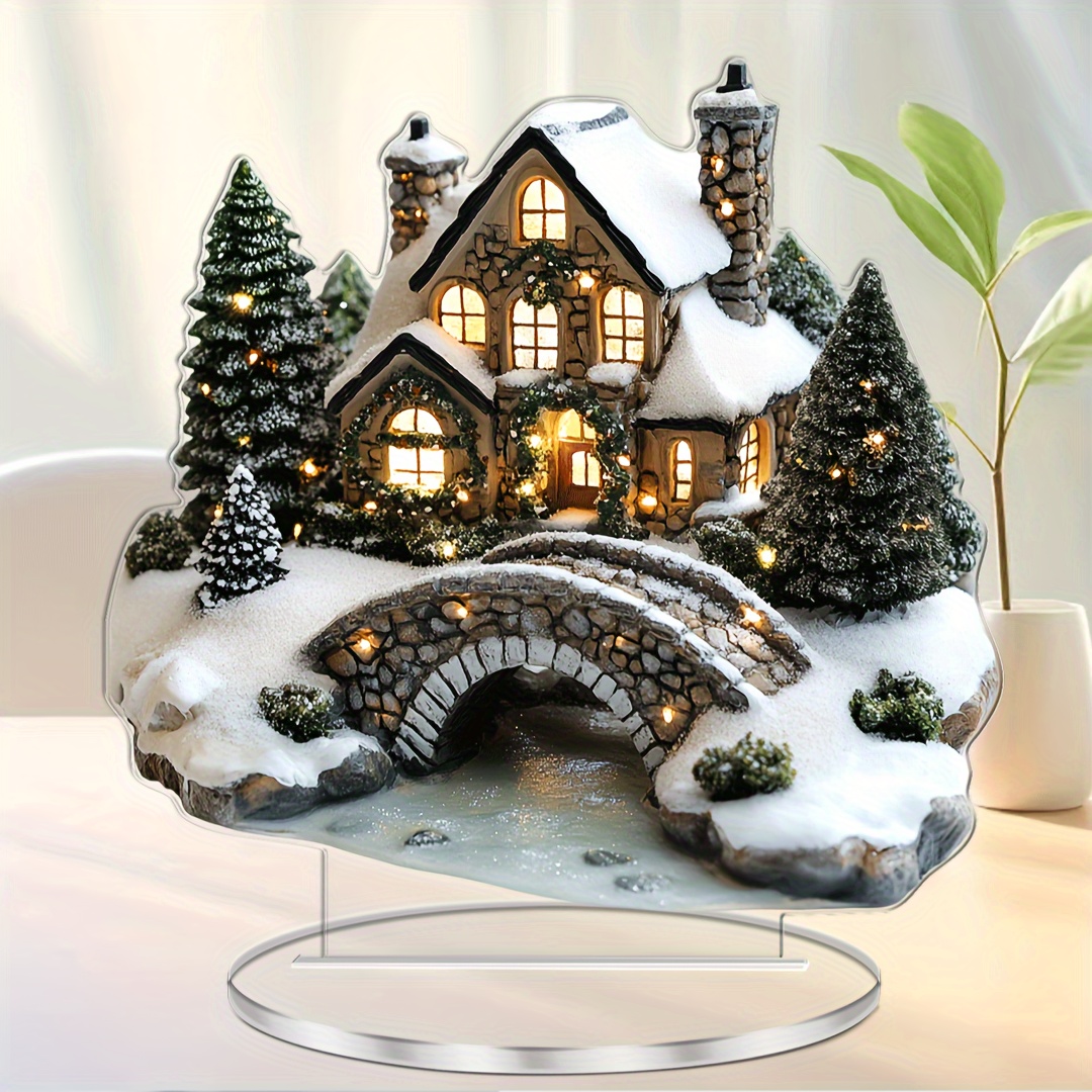 

Acrylic Snowy Christmas House With Tree Display (7.1'''') - Holiday Tabletop Decor With Stand,