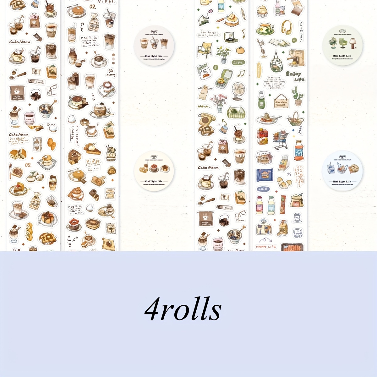TEMU 4-roll Pack - 6cm X 200cm / Mini Light Life Washi Paper Material Coffee, Shopping, Vintage, Word Count, Pattern, Landscape Journal Decoration