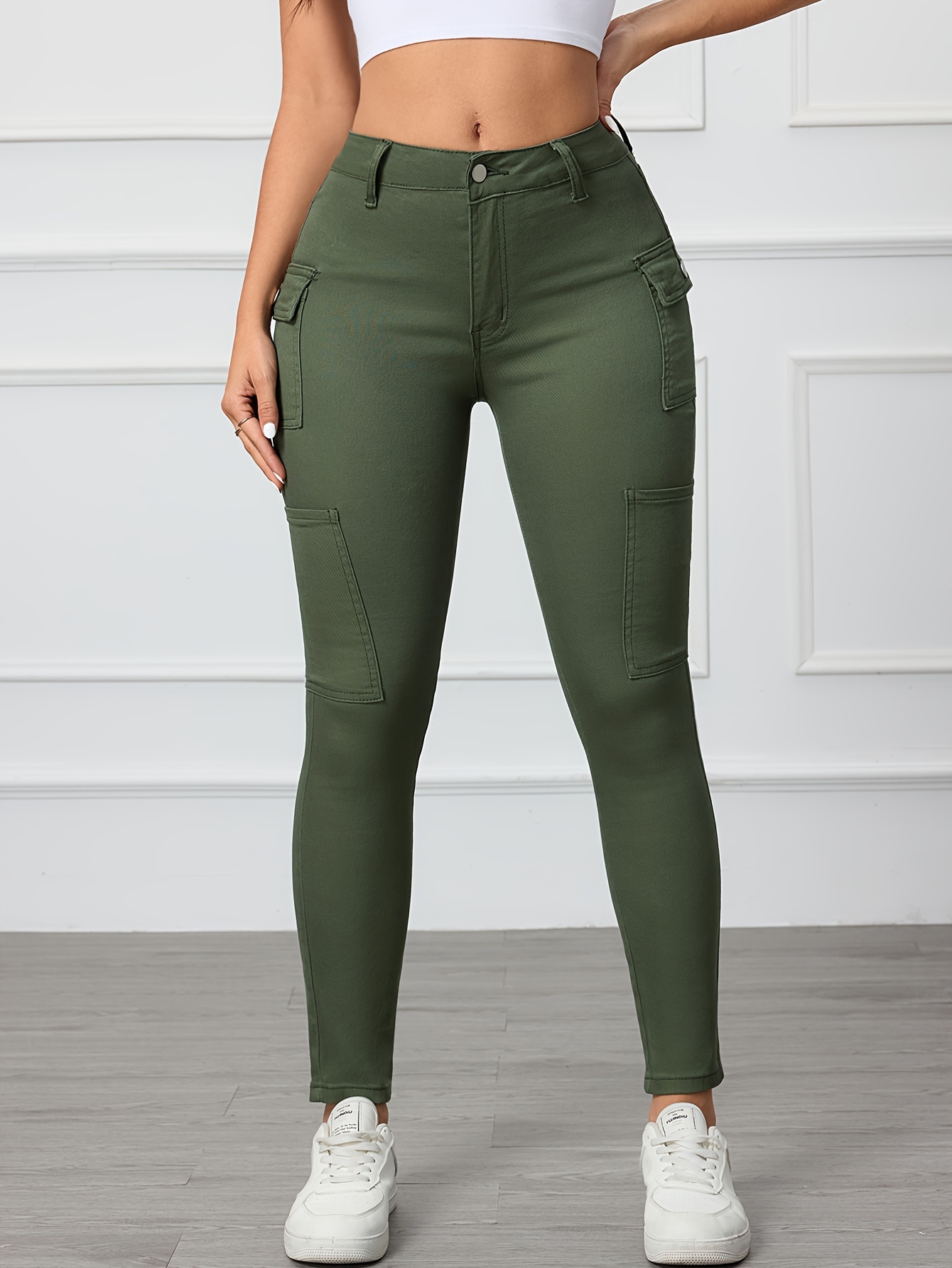 women's high waist stretch skinny jeans army green cargo Temu