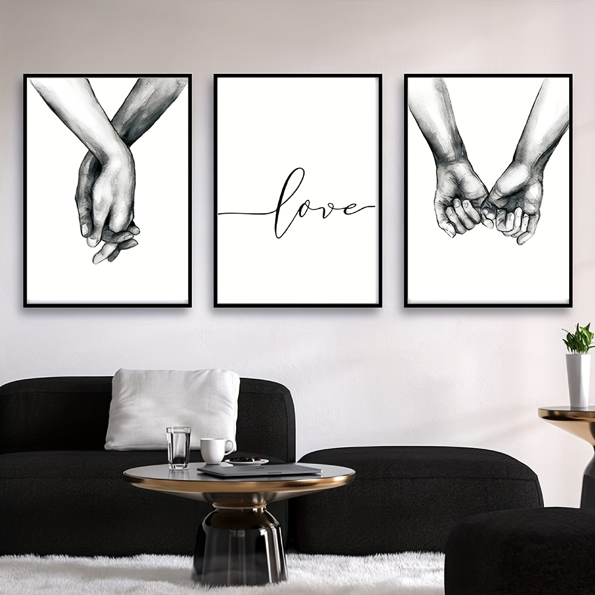 TEMU Frameless Canvas Wall Art | Minimalist Love And Hands Black And White Line Art Print, Reusable Polyester Fabric, Pre- For Christmas Halloween