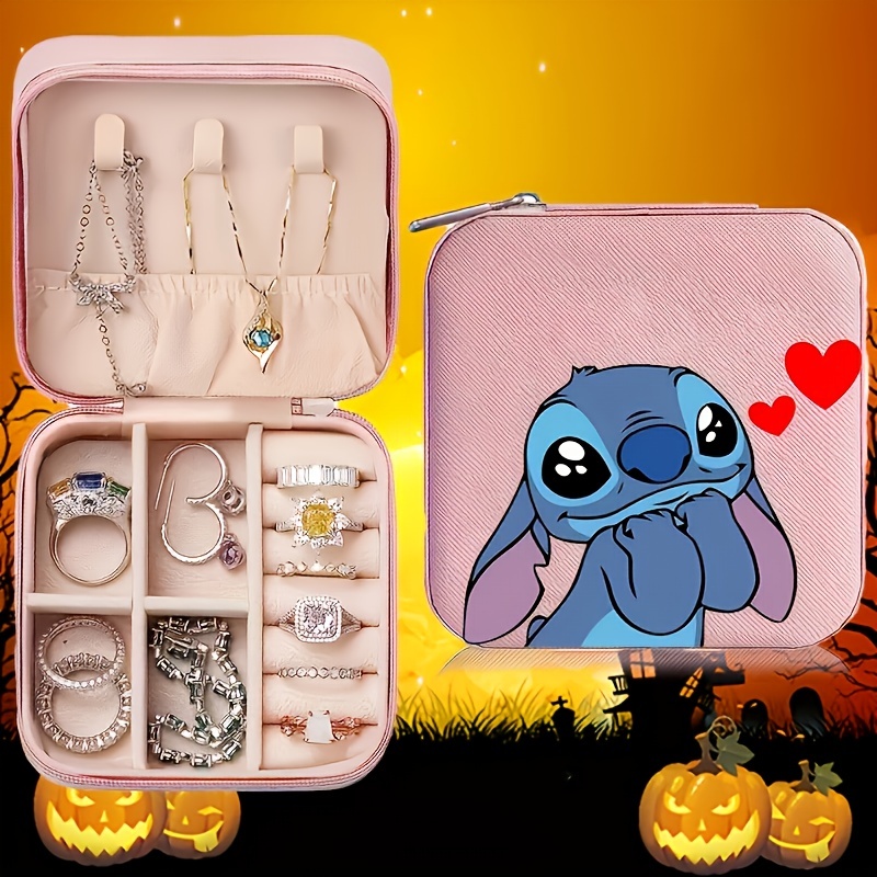 

Disney Stitch Pattern Leather Mini Jewelry Organizer, Lightweight Zipper Case For Earrings, Rings, Necklaces, Perfect Christmas/halloween Gift For Women