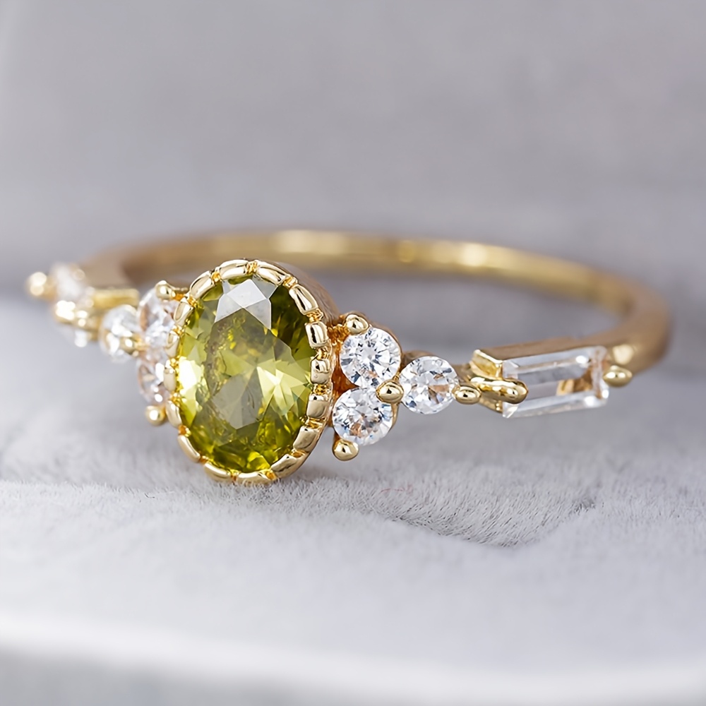 Image of 1pc Women's Engagement Ring Vintage Exquisite Pave Oval Cut Yellow-green Synthetic Gemstone Ring Women's Engagement Wedding Party Banquet Jewelry Additions Fashion Matching