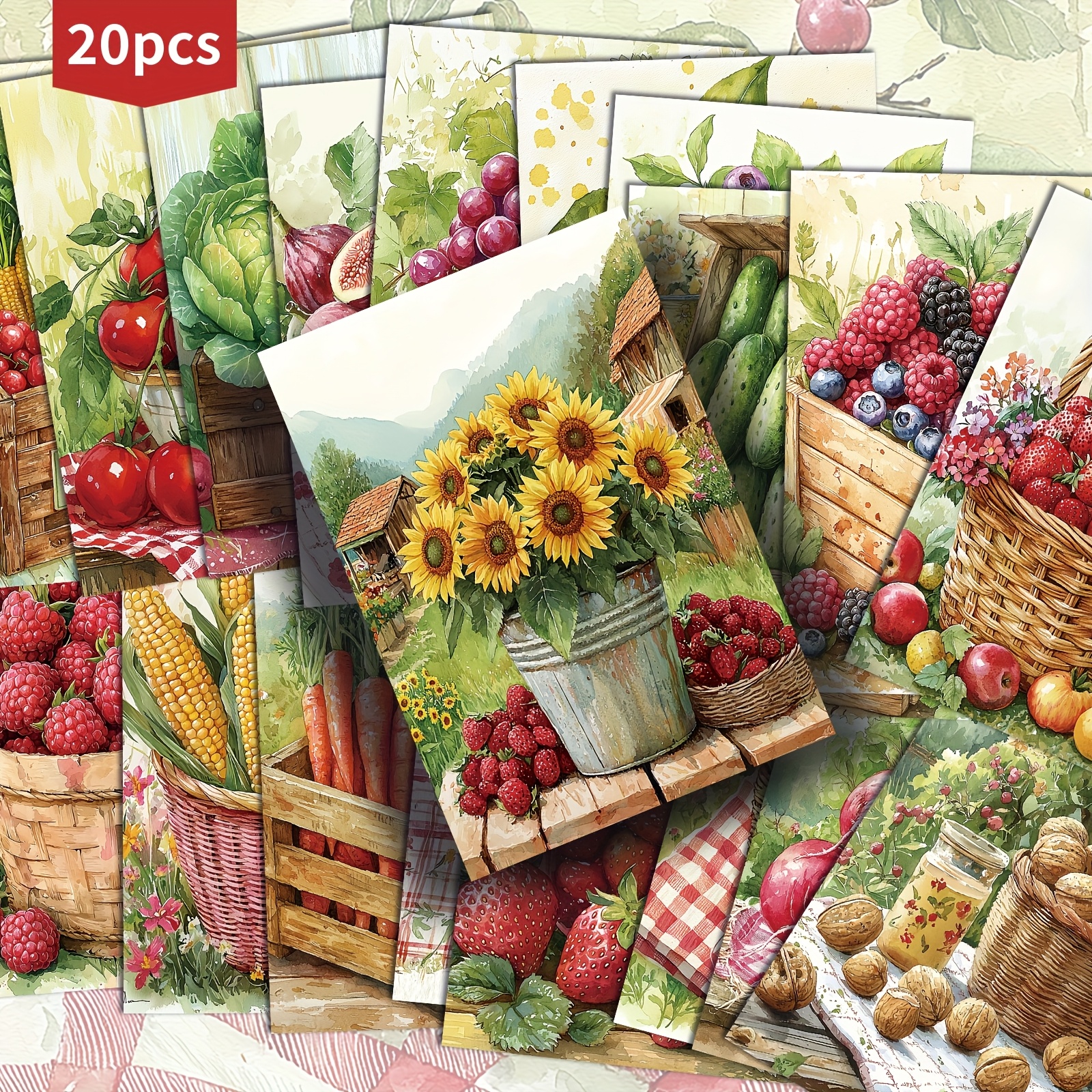 TEMU 20 Pack Vintage Fruit & Vegetable Postcards - 4x6 Inch Retro Kitchen Decor, Scrapbooking, Junk Journals - Tomato, Corn, Sunflower, Raspberry,