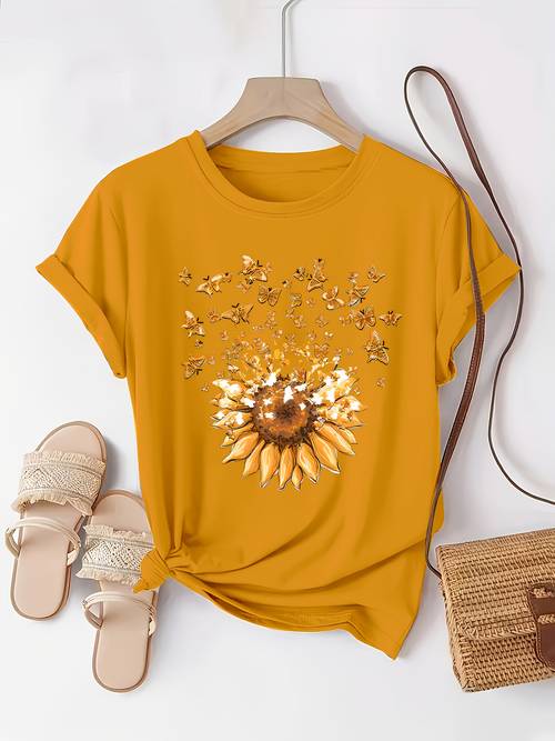 sunflower pattern print with casual round neck short sleeve spring summer fashion t shirt