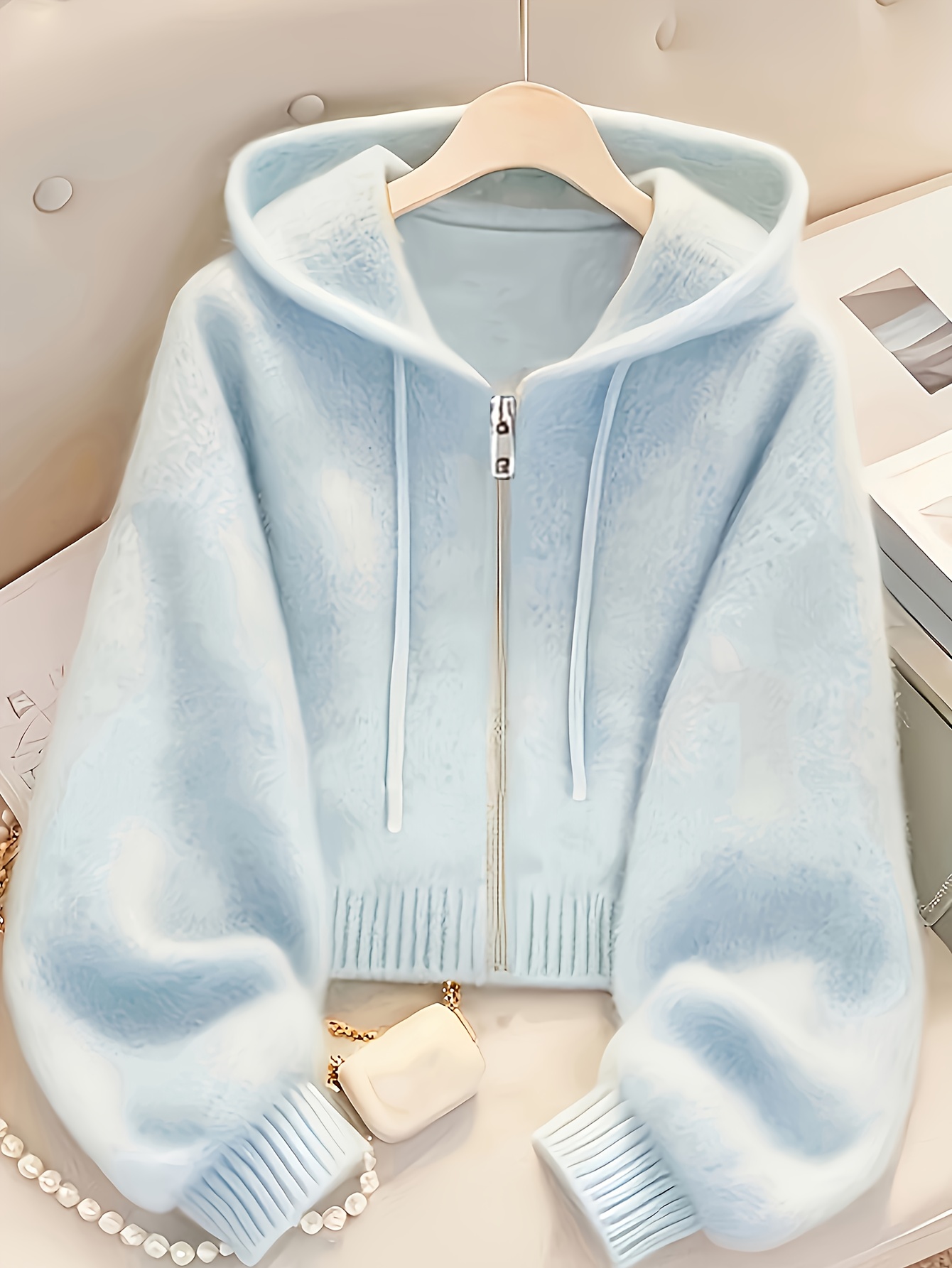 damernas ljusblå zip up hoodie med lyktärmar avslappnad - Temu Sweden