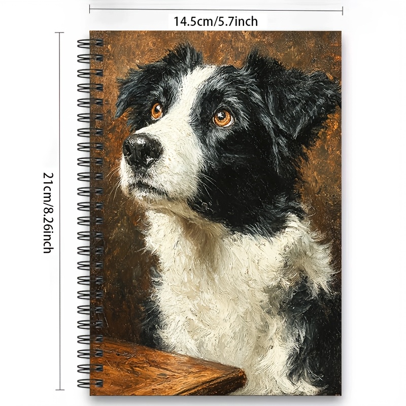 TEMU 1pc [2d] Flat Personal Organizer, Cute Black And White Border Collie Oil Painting Cover A5 Lined Notebook, For Recording, , Journaling, And