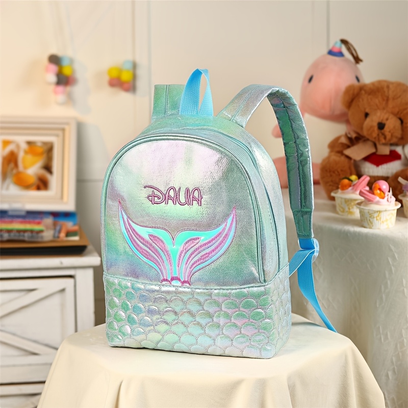 TEMU Personalized Embroidered Name/initials Mermaid Backpack - Custom Kawaii School Bookbag With Large Capacity, Adjustable Straps & Shiny Mermaid