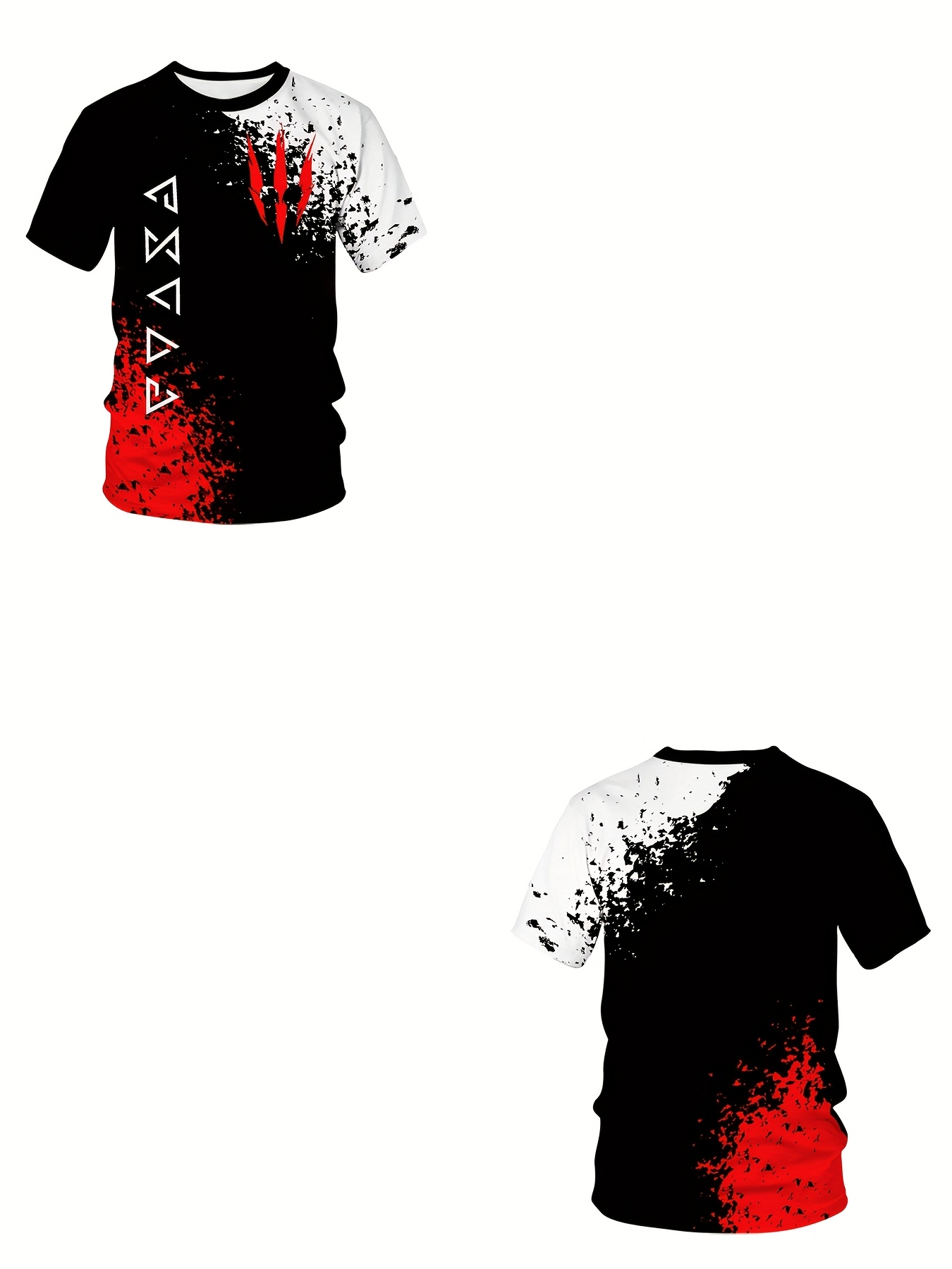 Men'S Large Size T-Shirt, White, Red And Black Geometric Pattern Short Sleeve, Round Neck, Sports Fashion, Soft, Breathable, Comfortable, Suitable for Running And Weekends, Valentine'S Day Gift, New Year Gift, 2025, Plus Size