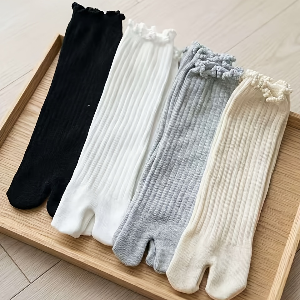 TEMU 4 Pairs Women's Japanese Sweet Split-toe Socks - Two-finger Edges Mid-calf Ankle Socks Suitable For Uniforms, Spring Summer Casual Attire, Thin