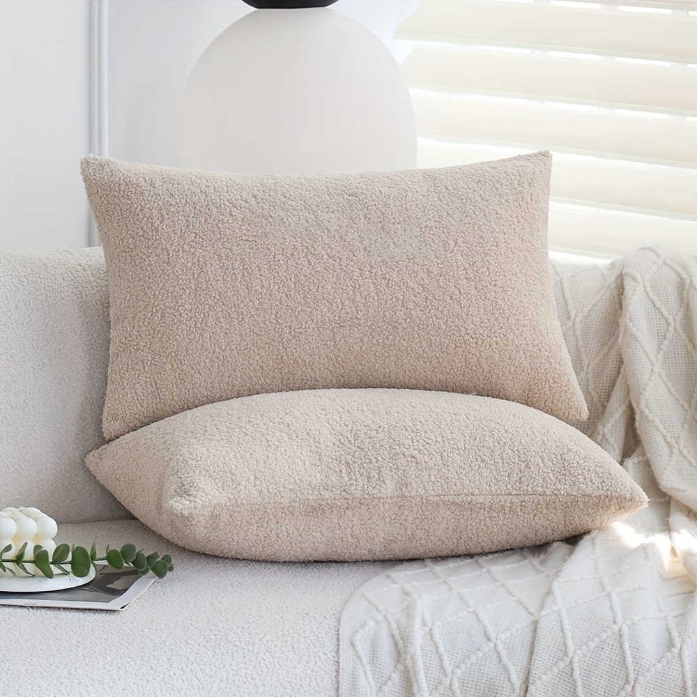 2 Pack Teddy Fleece Pillow Covers 12x20 Inch, Beige Soft Plush Cushion Cases For Sofa Bed, Cozy Minimalist Home Decor Throw Pillow Covers, No Insert