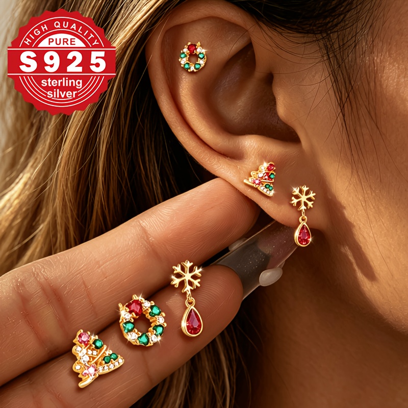 3pcs Christmas Themed S925 Silver Stud Earrings Set, Gift for Her