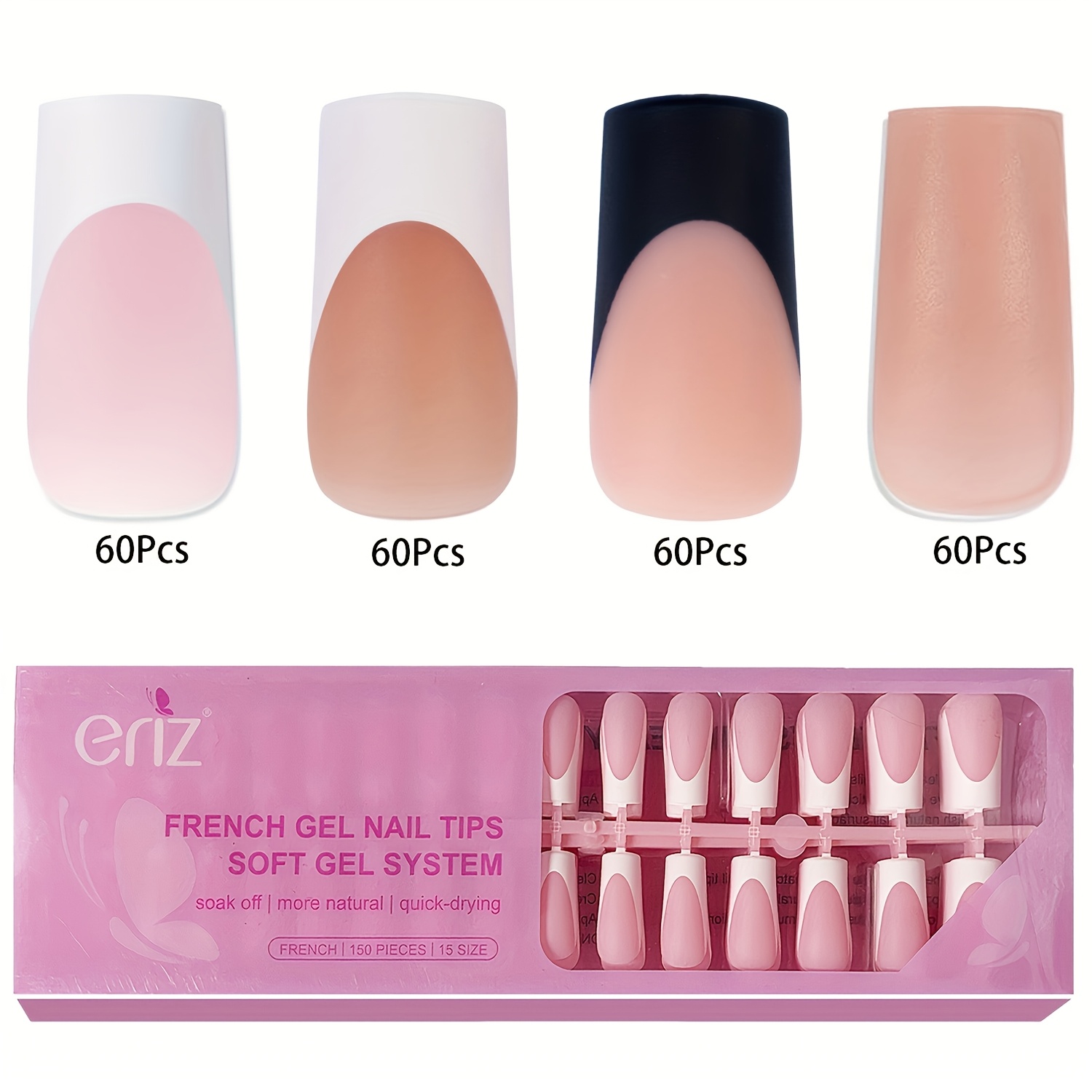 

240pcs French Gel Nail Tips Set - Long Square Shape, Matte Nude & Black , Professional Salon & Use, Comfortable Frosted