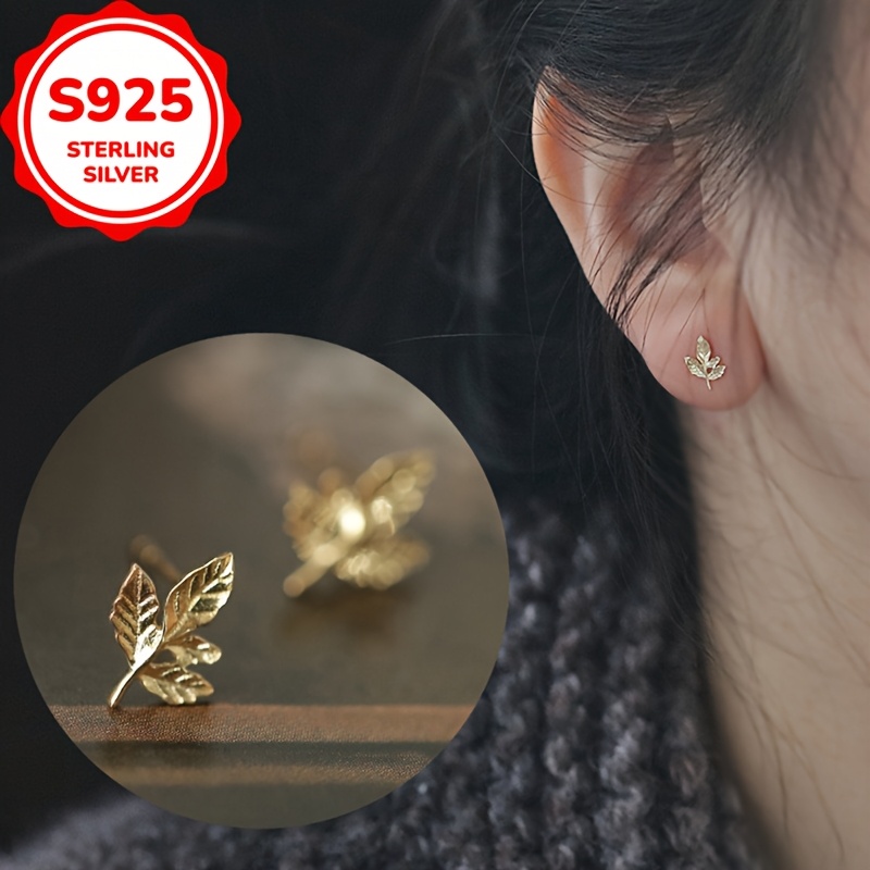 Women's S925 Silvery Mini Maple Leaf Earrings, Hypoallergenic