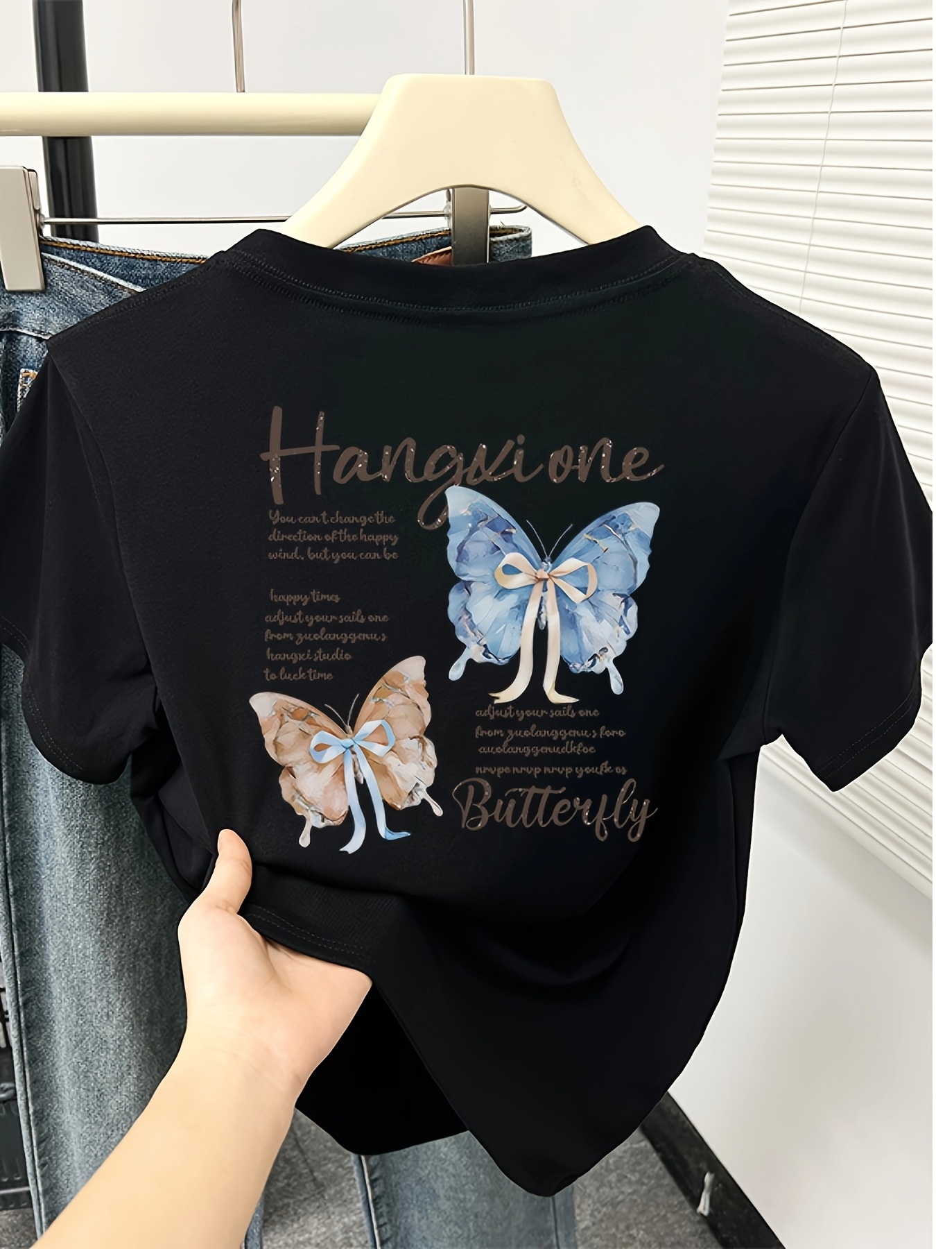 womens   fit   print t shirt hangin   with blue brown butterflies casual short sleeve top for spring summer   shirt Product details 6