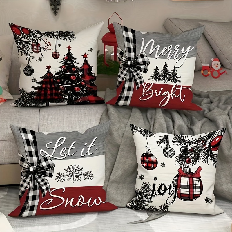 

4pcs Set Christmas - 18x18 , , Washable, Striped , & Bows For And Bedroom Sofa Decor (inserts Not Included)