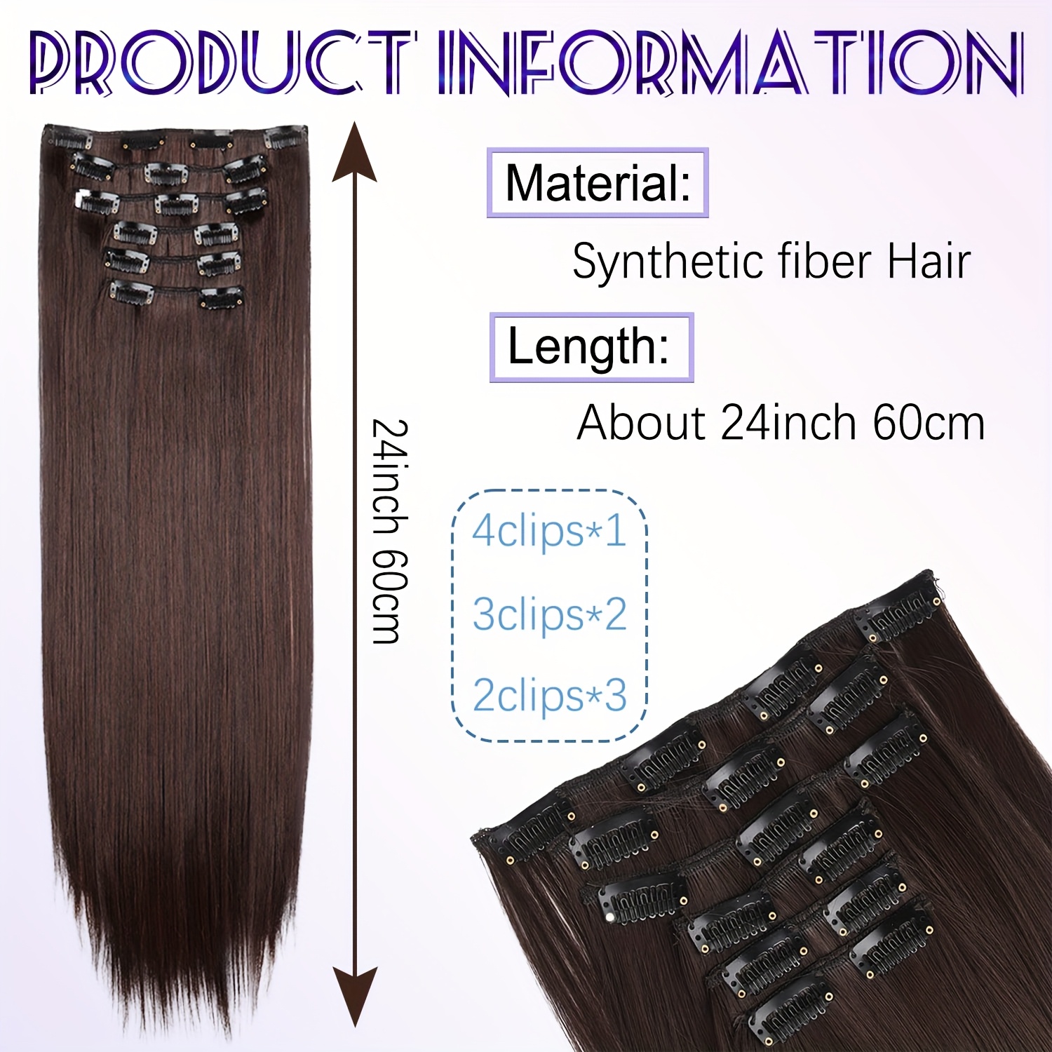 6pcs brown clip in hair extensions 24 long thickened straight hair with secure clip natural look for women easy to style adds volume dimension versatile for all hair types stylish   sleek hairpiece details 2
