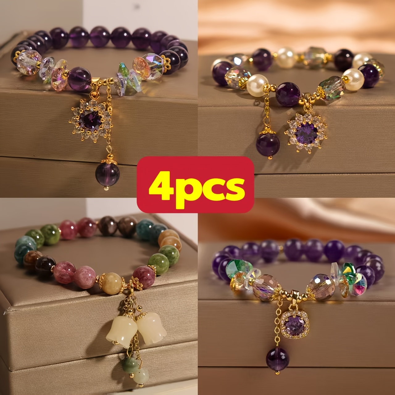 TEMU 4pcs Amethyst Zirconia Bracelet Set, Bohemian Style; With Tassel Pendant, All-match Elastic Jewelry, Suitable For Party Or Vacation Gift,