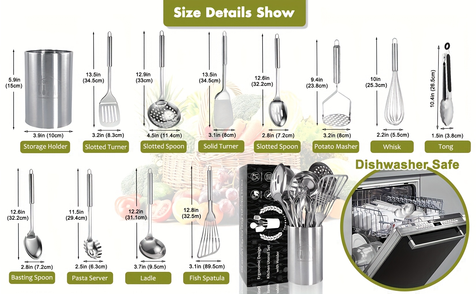 stainless steel kitchen utensils set 12pcs cooking utensils set with holder heat resistant metal spatula set utensils set for cooking with turners potato masher skimmer spoons tongs whisk father gift details 4