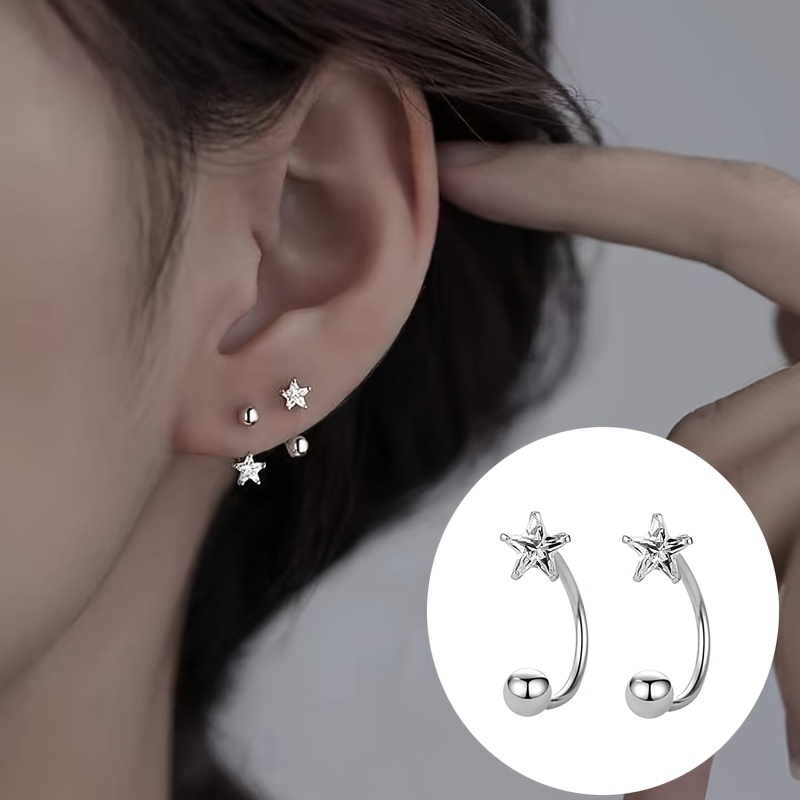 Image of 2pcs Silvery Cute Design Stud Earrings, Women's Star Screw Earrings, Elegant Wear Gift, Novelty Earrings