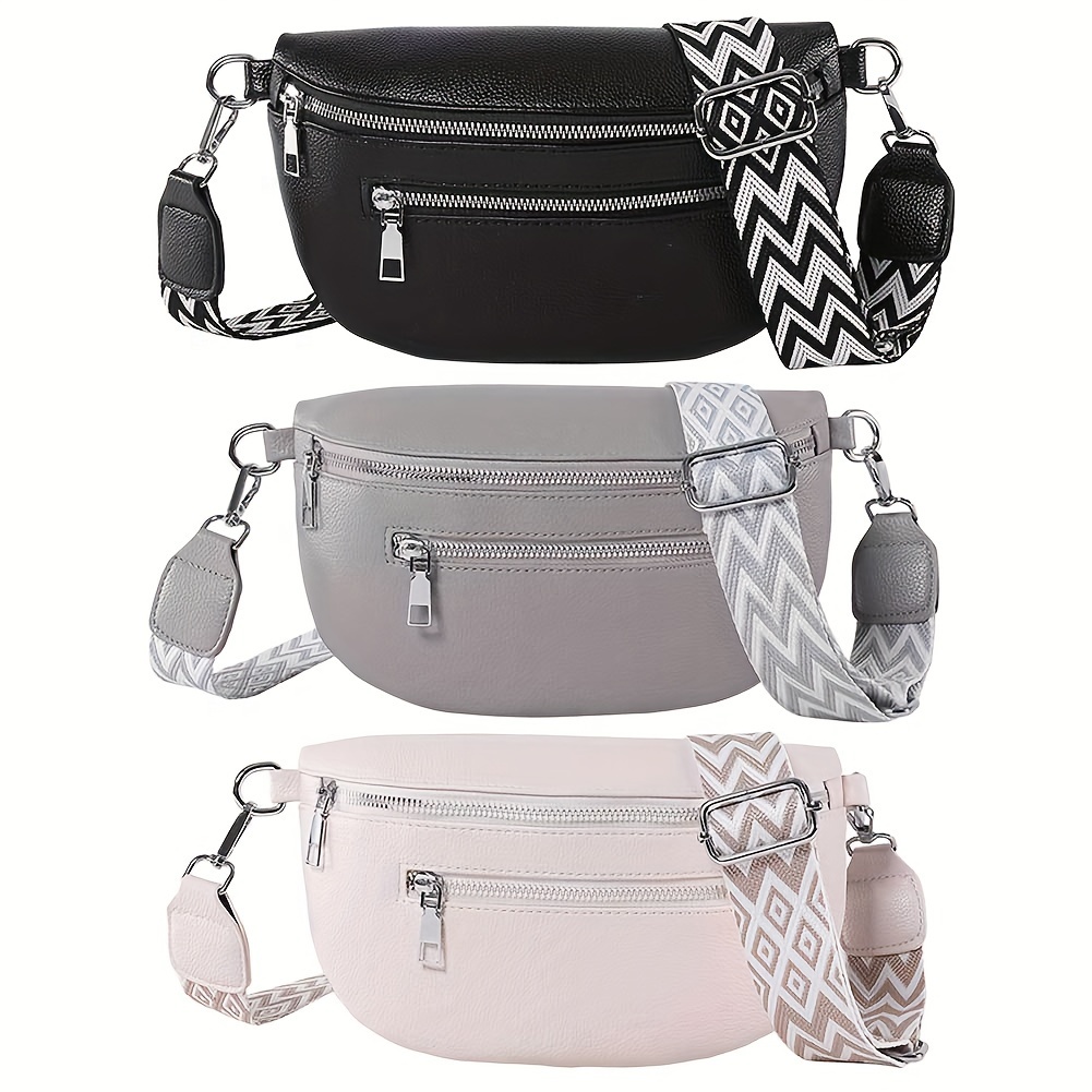 

Women's Outdoor Sports Waist Bag - Pu Crossbody With Dual Zip Compartments, Adjustable Geometric Strap, Casual And Active Wear, In Black, Light Gray, Pink