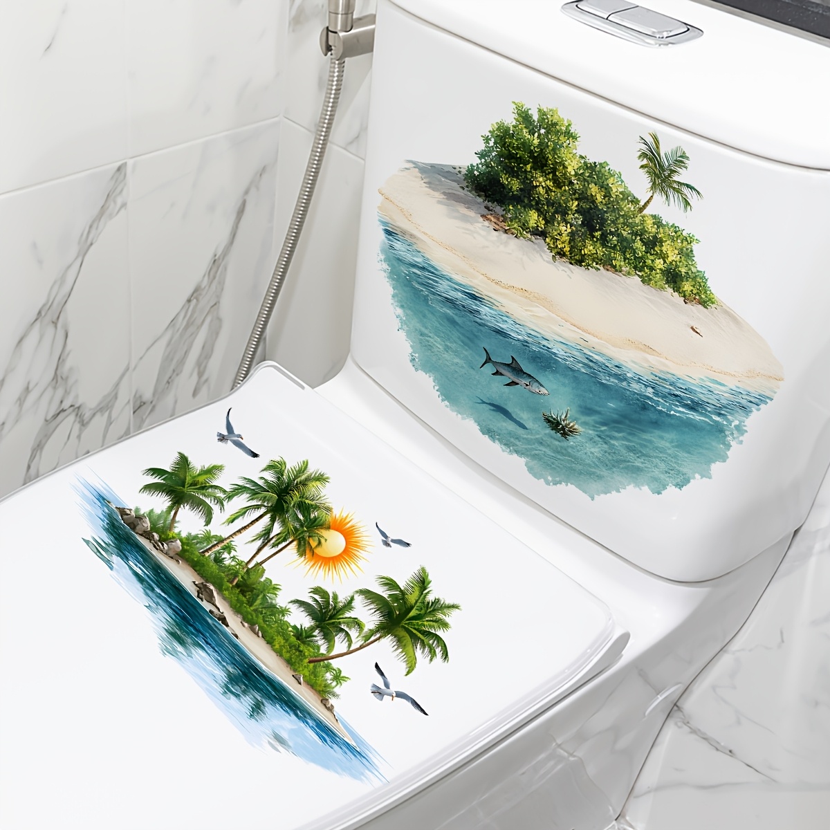 

1pc Tropical Beach & Palm Tree Print Waterproof Toilet Sticker - Easy-to-apply Pvc, & Party Decor With Semi-matte , Ideal For Ceramic