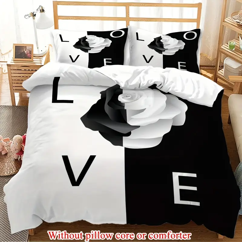 2 3pcs 1 duvet cover 1 2 pillowcase without and white background rose flowers romantic valentines day lover couple 3d print soft comfortable bedding set for bedroom dorm room family gift Product details 3