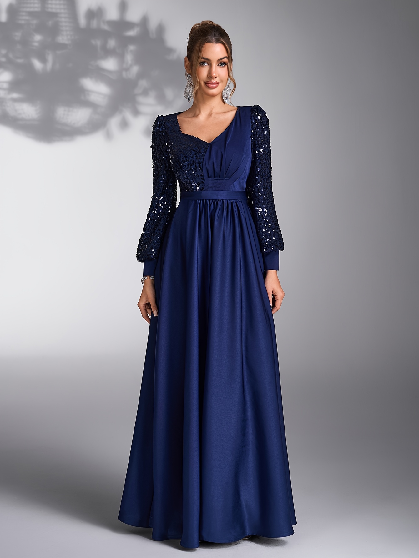 fitted lace wedding dress Gold Lace Royal Blue Velvet Long Sleeve Prom Gown