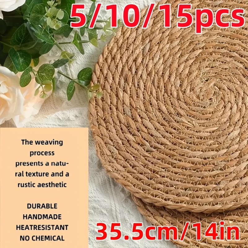 item picture   15pcs   placemats 35 5cm 14in diameter woven round table mats japanese countryside tea cup and dish heat insulation pads anti slip and heat resistant kitchen heat resistant pads coasters and coffee mats suitable for gifts