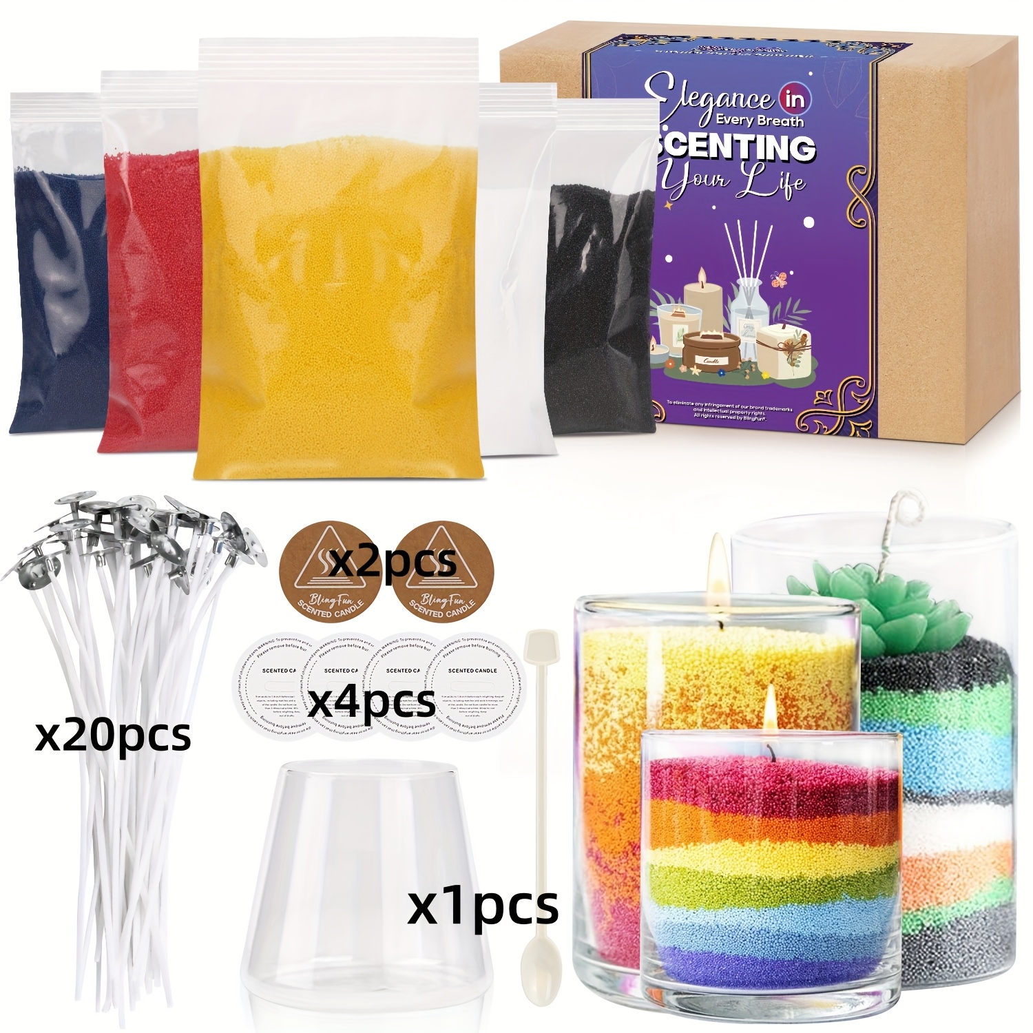 Blingfun Candle Making Set - Sand Wax/5 Colors, Wick, Cup, Spoon, Scalding Mat, Dust Cover, Refillable Wax For Candle Making