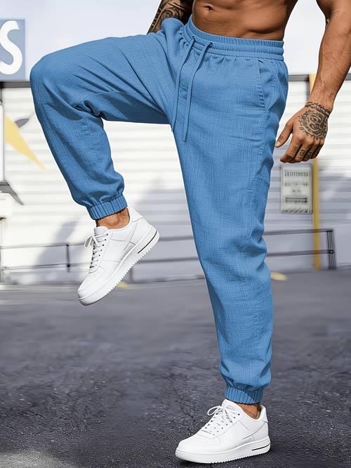mens casual linen joggers woven non stretch breathable fabric solid color with drawstring and suitable for daily outing and outdoor activities