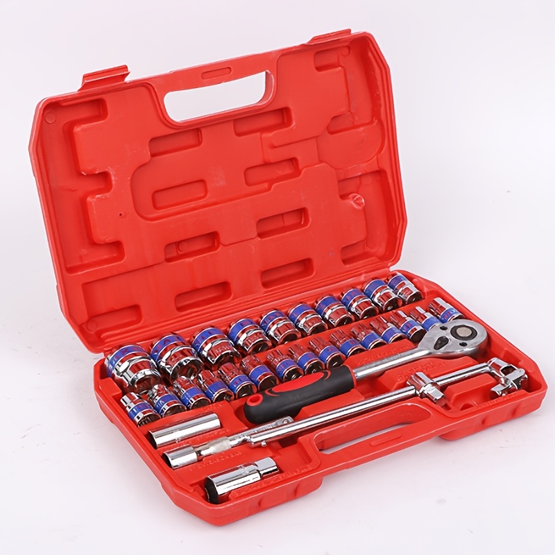 Image of 32pcs 1/2" Drive Ratchet Wrench And Socket Set, Durable Chrome Vanadium Steel, With Toolbox, For Automotive Repair And Maintenance, Without Battery