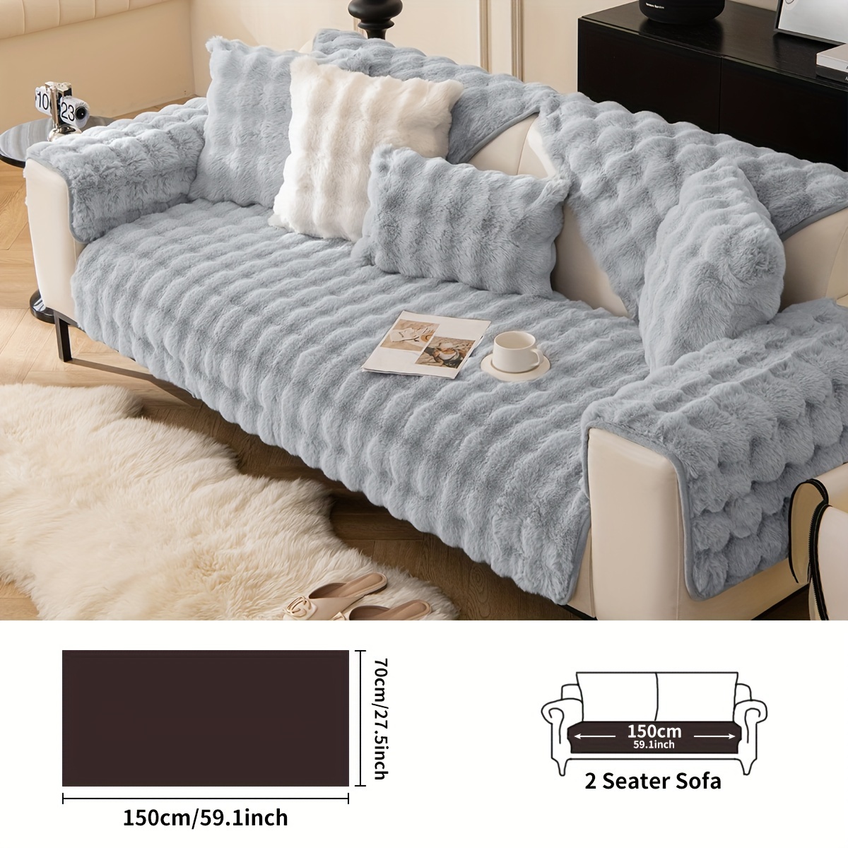 Image of 1pc Faux Rabbit Plush Sofa Cushion Pet Sofa Cover Thick Plush Winter Cushion Protector Slipcover Anti-slip Bedroom Office Living Room Furniture Protector Decor