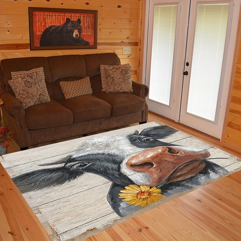 

1pc Wooden Board With Cow Pattern, , Washable, Soft, Non Slip, Dirt Resistant Floor Mat, Living Room, Kitchen Supplies